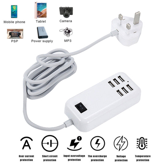 Multi 6-Ports USB Phone Charger Socket Fast Charging Station Adapter UK Plug