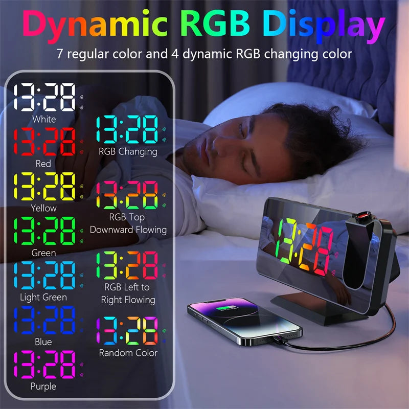 Dynamic RGB Projection Alarm Clock Digital Auto-Dimming 180° Rotation Projector Table Clock 12H/24H Bedroom Electronic LED Clock