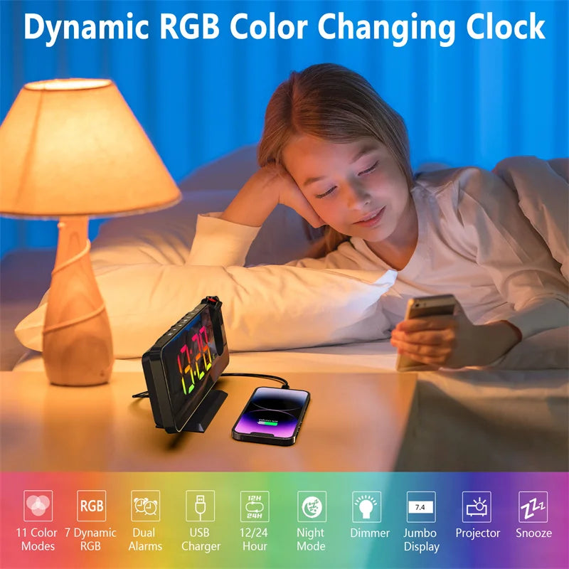 Dynamic RGB Projection Alarm Clock Digital Auto-Dimming 180° Rotation Projector Table Clock 12H/24H Bedroom Electronic LED Clock